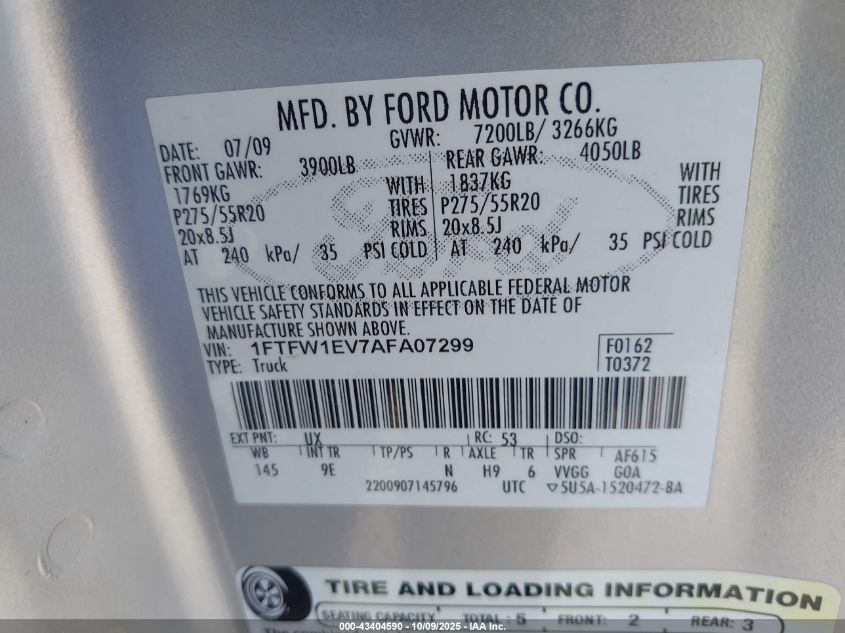2010 Ford F-150 VIN: 1FTFW1EV7AFA07299 Lot: 43404590