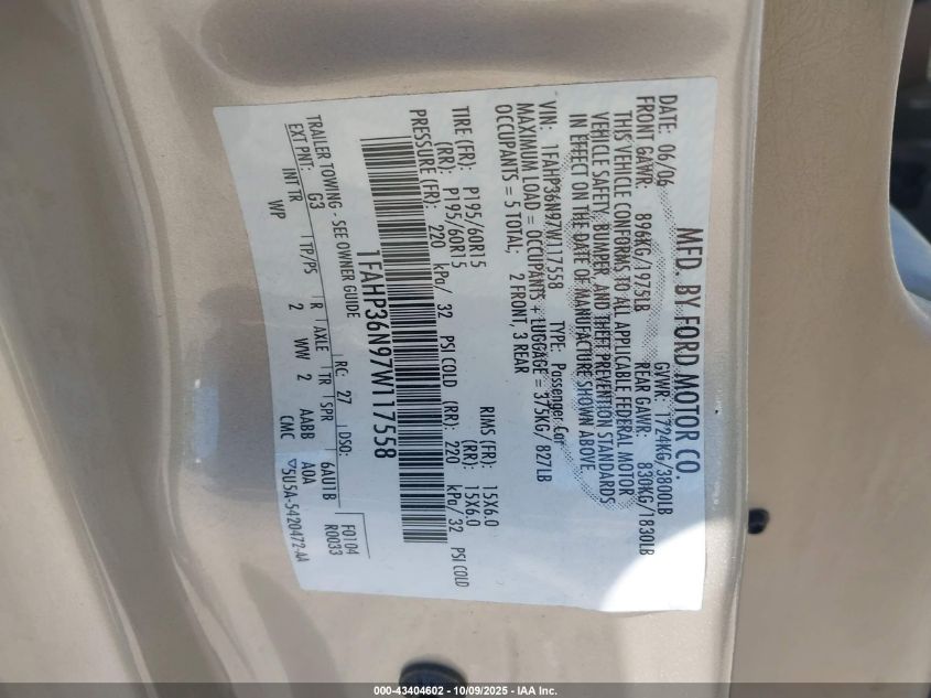 2007 Ford Focus Zxw/S/Se/Ses VIN: 1FAHP36N97W117558 Lot: 43404602