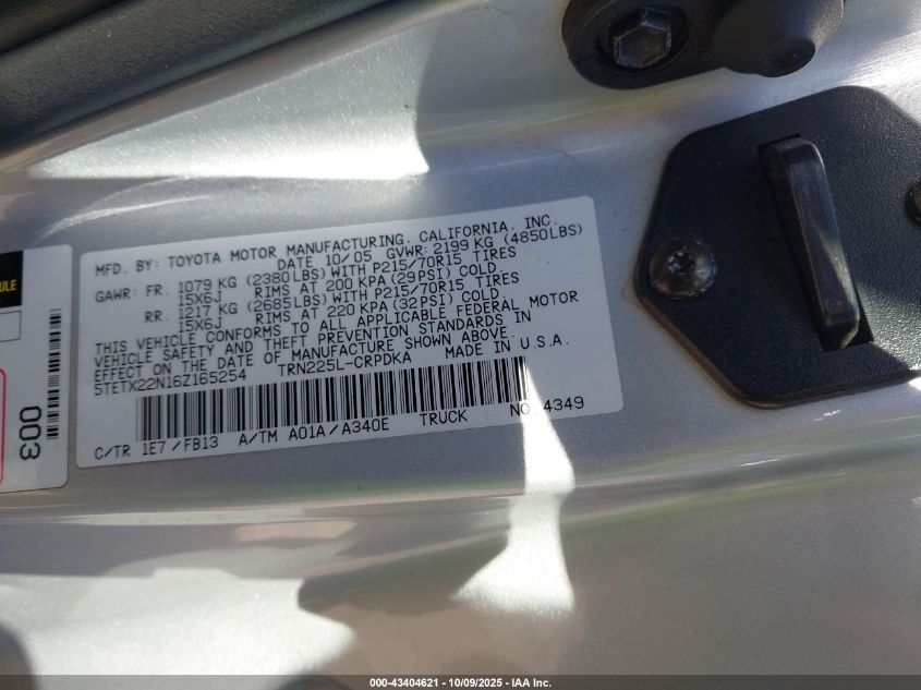 2006 Toyota Tacoma VIN: 5TETX22N16Z165254 Lot: 43404621