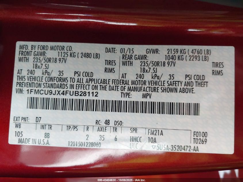 2015 Ford Escape Titanium VIN: 1FMCU9JX4FUB28112 Lot: 43404630