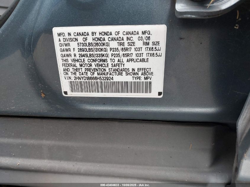2006 Acura Mdx VIN: 2HNYD18666H532924 Lot: 43404633