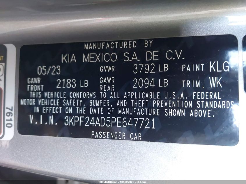 2023 Kia Forte Lxs VIN: 3KPF24AD5PE647721 Lot: 43404645