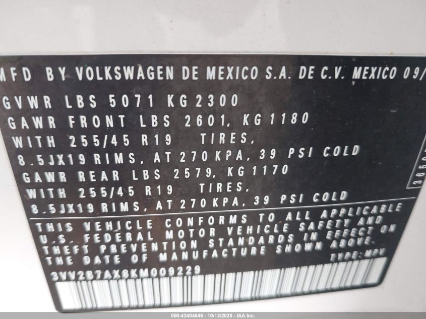 2019 Volkswagen Tiguan 2.0T Se/2.0T Sel/2.0T Sel R-Line/2.0T Sel R-Line Black VIN: 3VV2B7AX8KM009229 Lot: 43404646