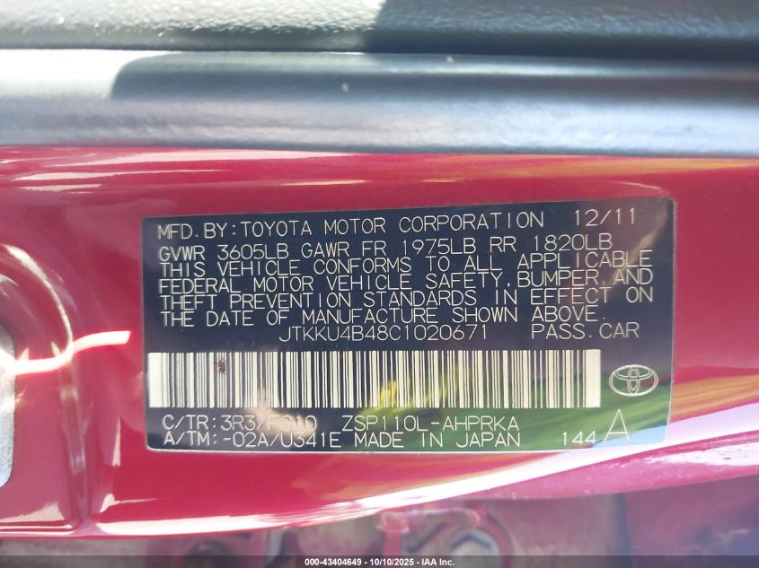 2012 Scion Xd VIN: JTKKU4B48C1020671 Lot: 43404649