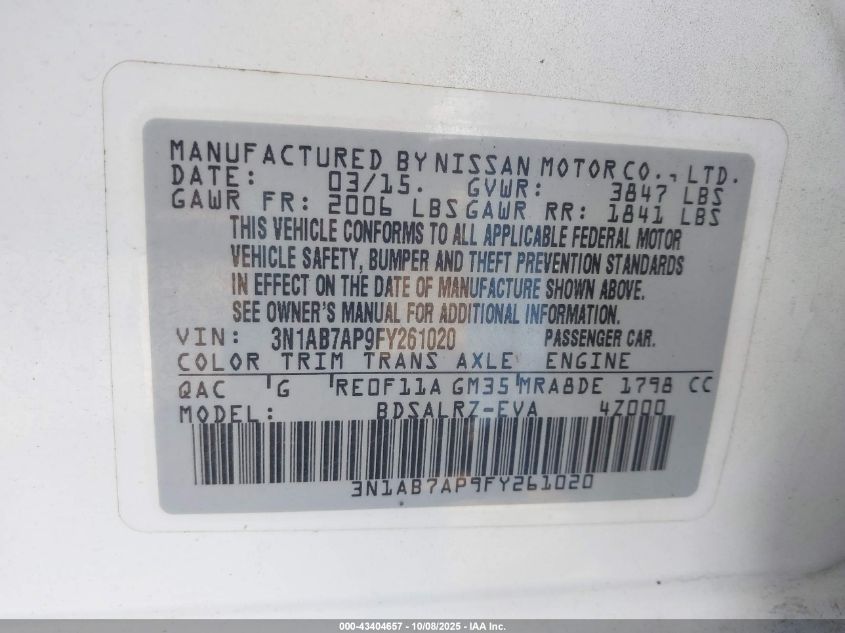 2015 Nissan Sentra Sr VIN: 3N1AB7AP9FY261020 Lot: 43404657