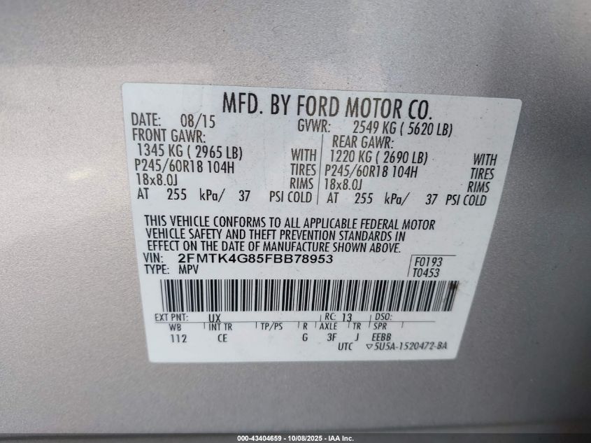 2015 Ford Edge Se VIN: 2FMTK4G85FBB78953 Lot: 43404659