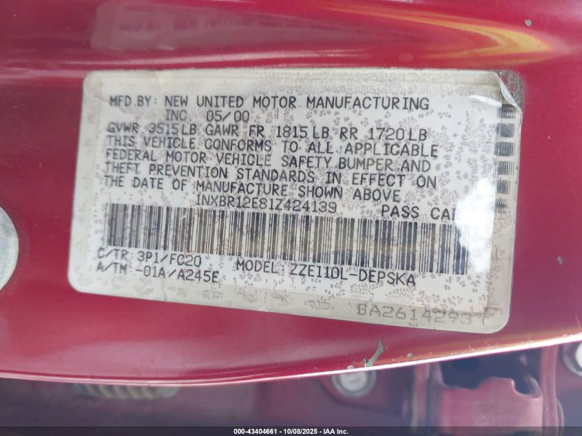 2001 Toyota Corolla S VIN: 1NXBR12E81Z424139 Lot: 43404661