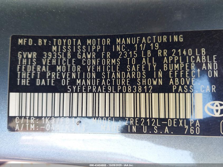 2020 Toyota Corolla Le VIN: 5YFEPRAE9LP083812 Lot: 43404668