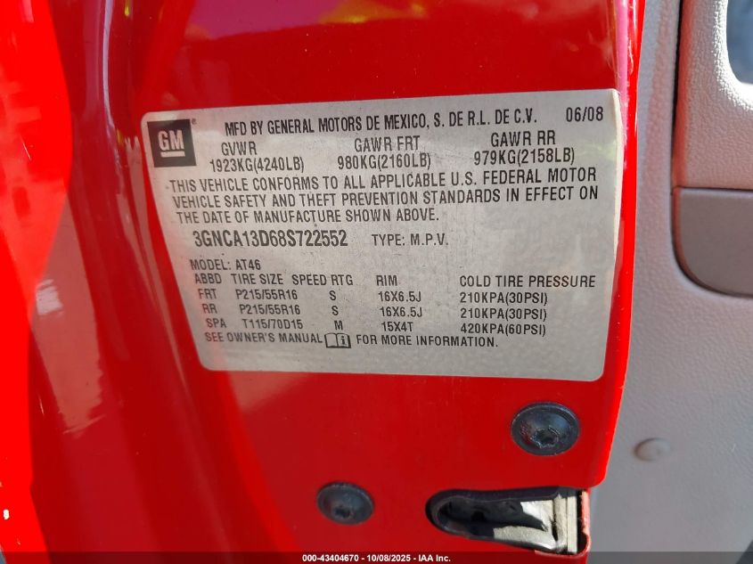 2008 Chevrolet Hhr Ls VIN: 3GNCA13D68S722552 Lot: 43404670