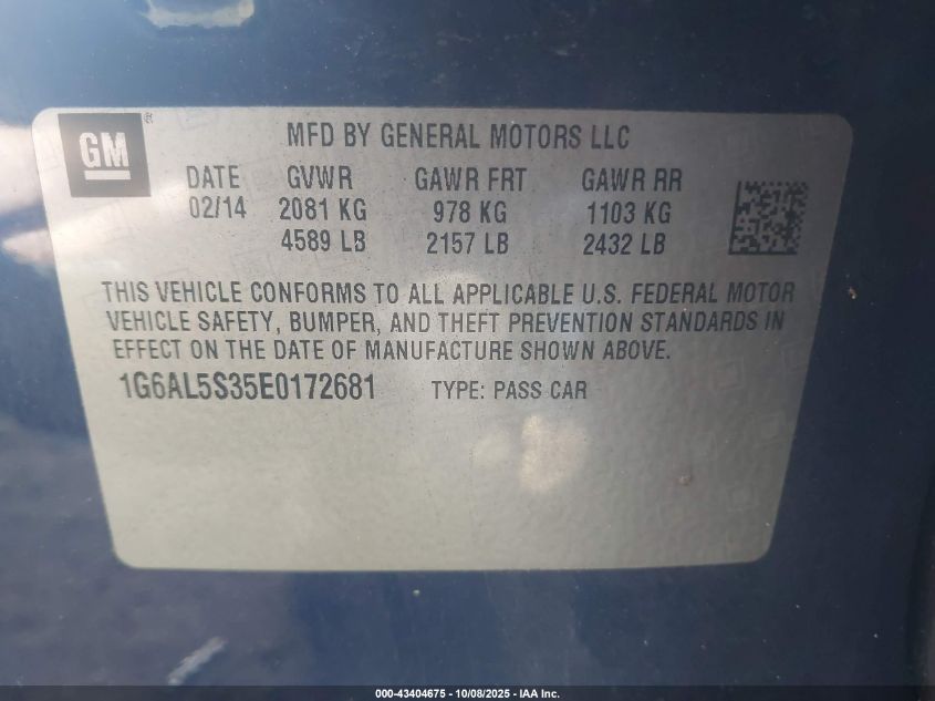 2014 Cadillac Ats Premium VIN: 1G6AL5S35E0172681 Lot: 43404675