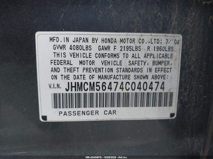 2004 Honda Accord 2.4 Lx VIN: JHMCM56474C040474 Lot: 43404676