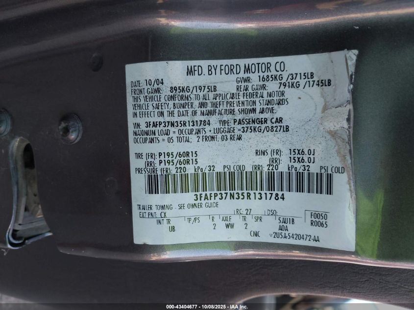 2005 Ford Focus Zx5 VIN: 3FAFP37N35R131784 Lot: 43404677