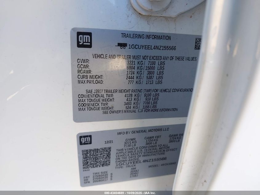 2022 Chevrolet Silverado 1500 Ltd 4Wd Short Bed Rst VIN: 1GCUYEEL4NZ155566 Lot: 43404689