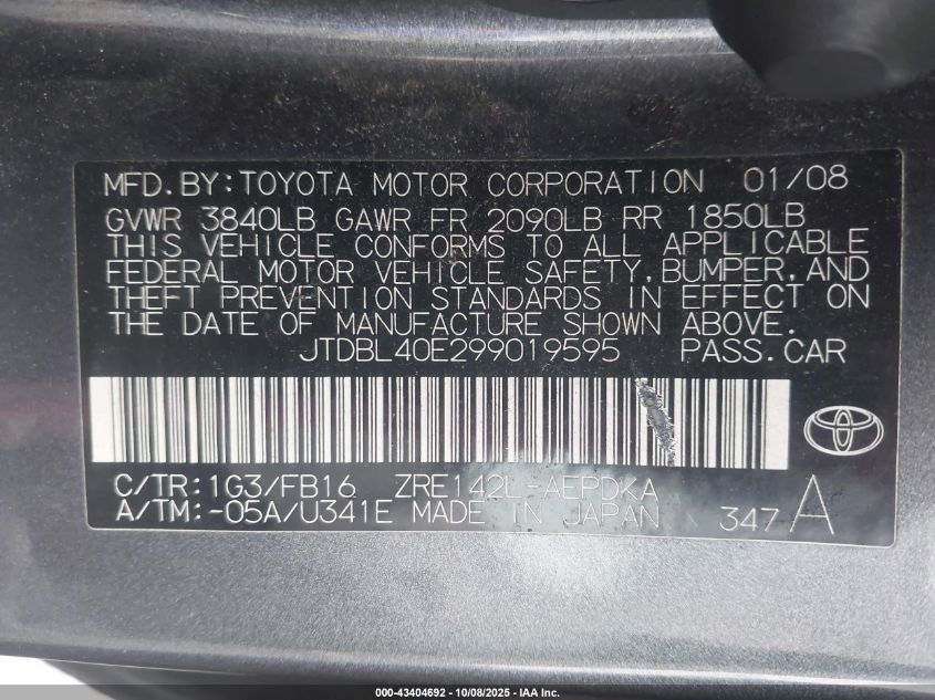 2009 Toyota Corolla Le VIN: JTDBL40E299019595 Lot: 43404692