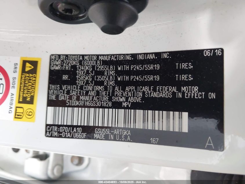 2016 Toyota Highlander Limited V6 VIN: 5TDDKRFH6GS301828 Lot: 43404693