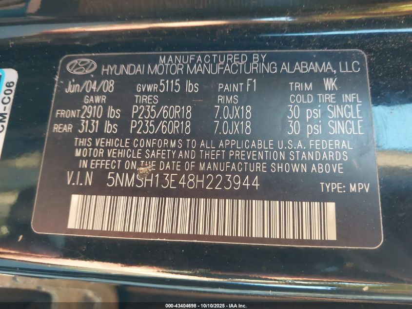 2008 Hyundai Santa Fe Limited/Se VIN: 5NMSH13E48H223944 Lot: 43404698