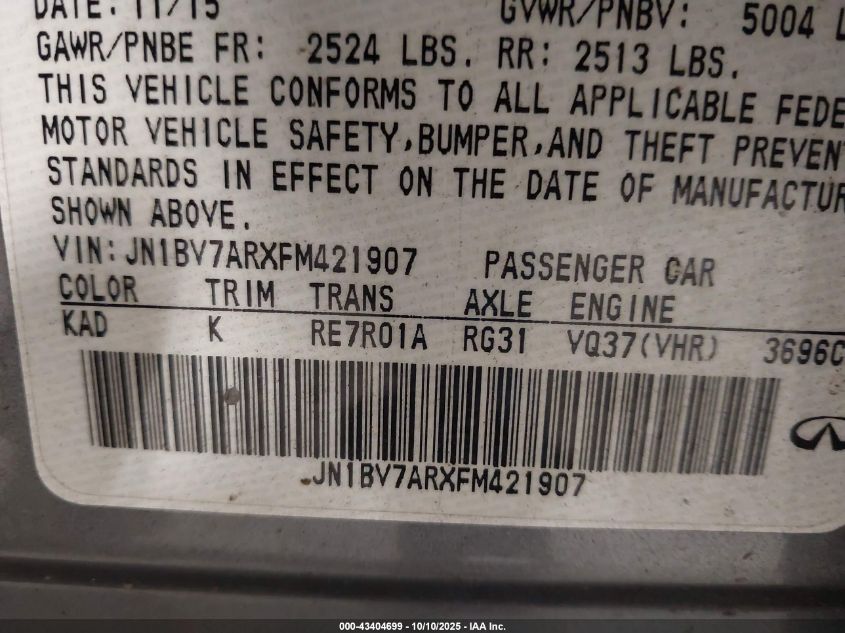 2015 Infiniti Q50 Premium VIN: JN1BV7ARXFM421907 Lot: 43404699