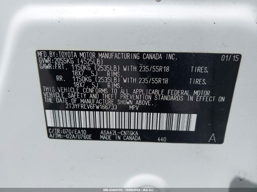 2015 Toyota Rav4 Limited VIN: 2T3YFREV6FW166733 Lot: 43404702