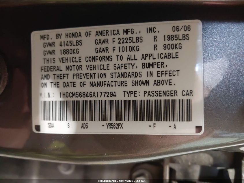 2006 Honda Accord 2.4 Ex VIN: 1HGCM56846A177294 Lot: 43404704