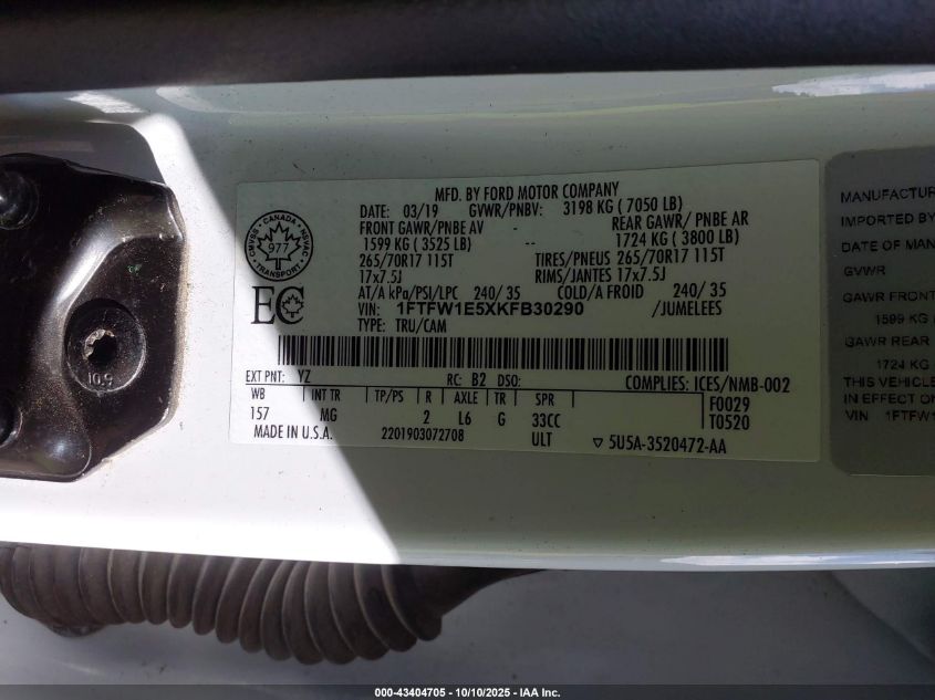 2019 Ford F-150 Xlt VIN: 1FTFW1E5EKFB30290 Lot: 43404705