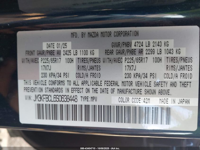 2025 Mazda Cx-5 2.5 S Preferred VIN: JM3KFBCL6S0638448 Lot: 43404710