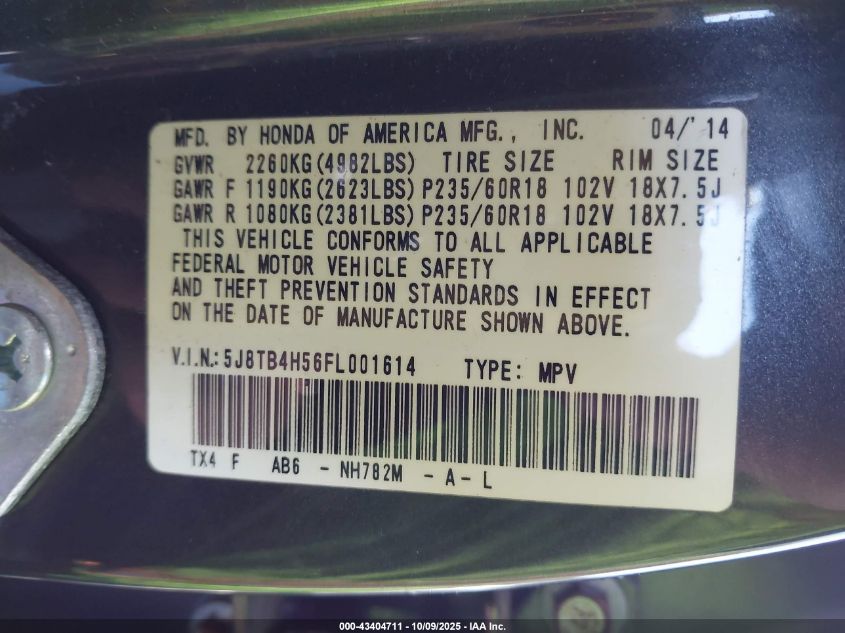 2015 Acura Rdx VIN: 5J8TB4H56FL001614 Lot: 43404711