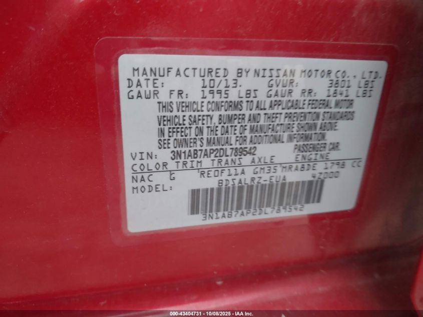 2013 Nissan Sentra Sr VIN: 3N1AB7AP2DL789542 Lot: 43404731