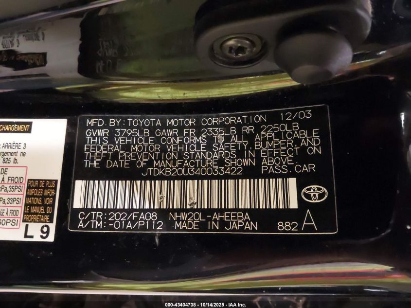 2004 Toyota Prius VIN: JTDKB20U340033422 Lot: 43404738