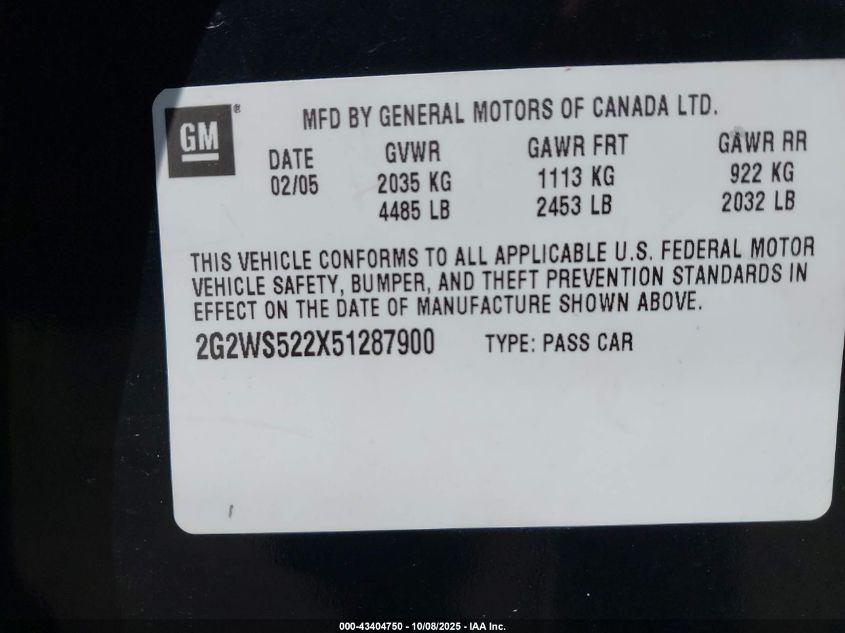 2005 Pontiac Grand Prix Gt VIN: 2G2WS522X51287900 Lot: 43404750