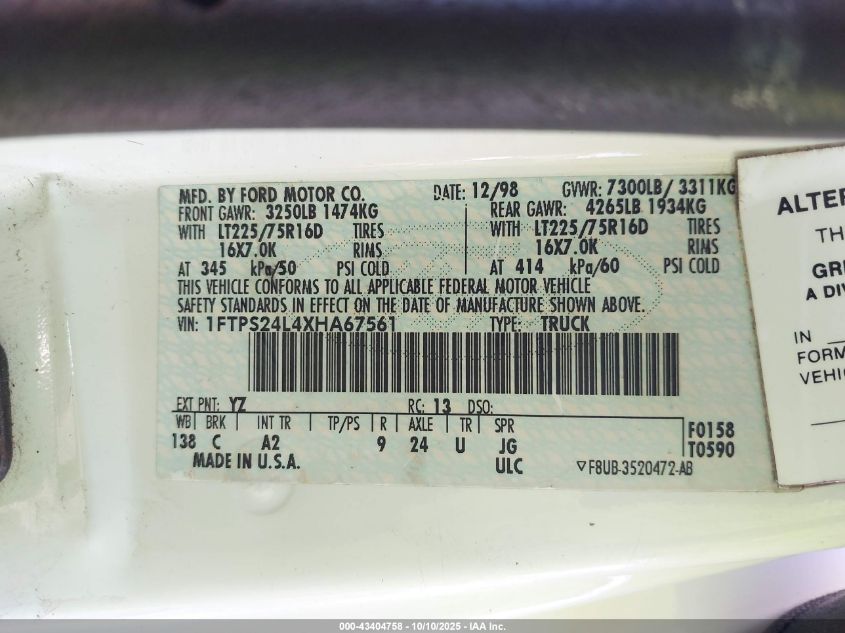 1999 Ford E-250 Commercial/Recreational VIN: 1FTPS24L4XHA67561 Lot: 43404758