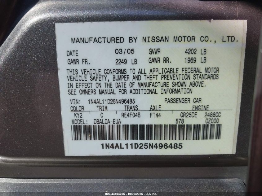 2005 Nissan Altima 2.5 S VIN: 1N4AL11D25N496485 Lot: 43404765