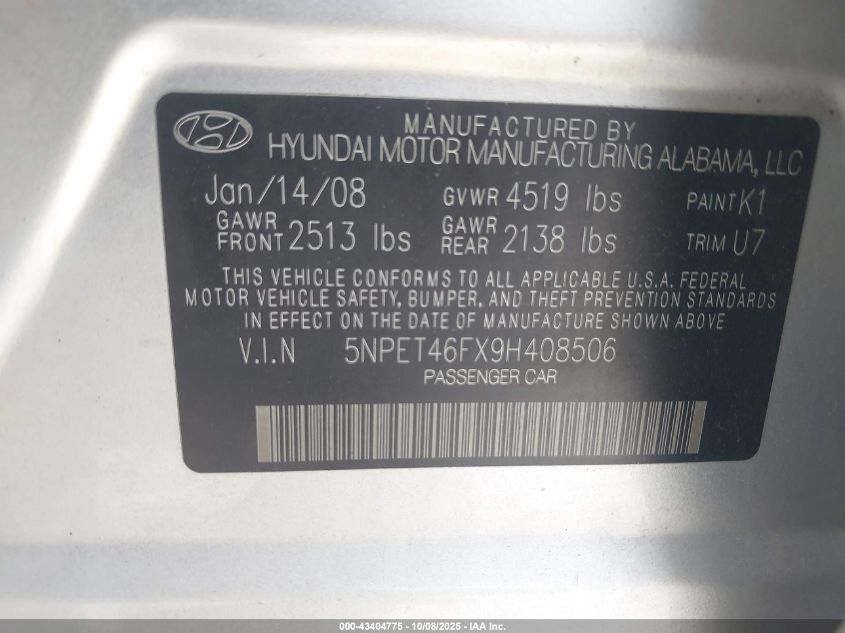 2009 Hyundai Sonata Gls V6 VIN: 5NPET46FX9H408506 Lot: 43404775