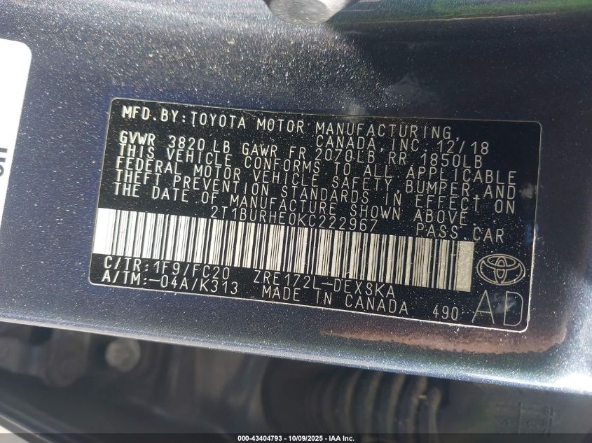 2019 Toyota Corolla Se VIN: 2T1BURHE0KC222967 Lot: 43404793