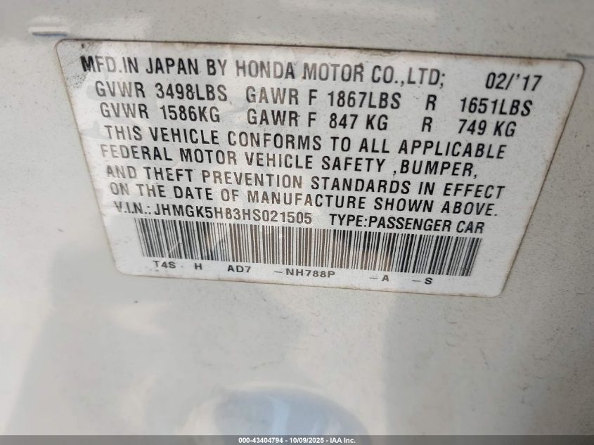 2017 Honda Fit Ex-L VIN: JHMGK5H83HS021505 Lot: 43404794