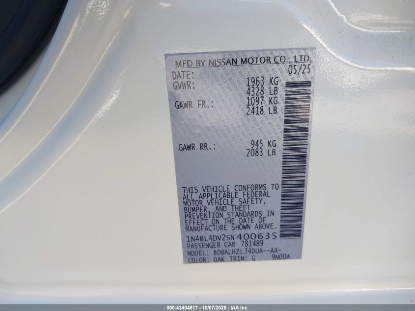 2025 Nissan Altima Sv Fwd VIN: 1N4BL4DV2SN400635 Lot: 43404817