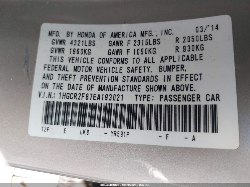 2014 Honda Accord Ex-L VIN: 1HGCR2F87EA193021 Lot: 43404820