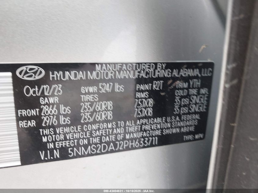 2023 Hyundai Santa Fe Sel VIN: 5NMS2DAJ2PH633711 Lot: 43404831
