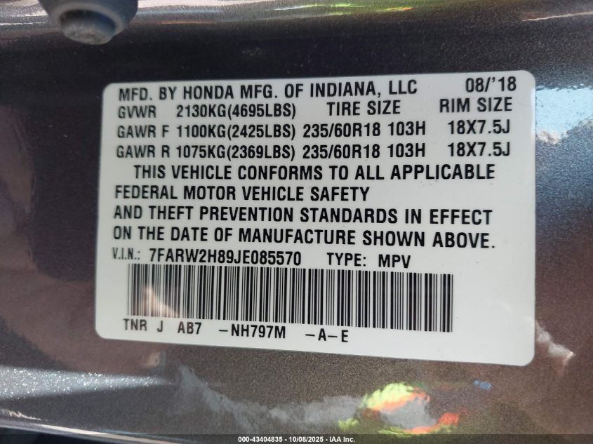 2018 Honda Cr-V Ex-L/Ex-L Navi VIN: 7FARW2H89JE085570 Lot: 43404835