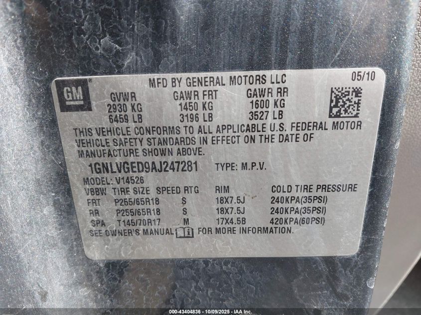2010 Chevrolet Traverse Lt VIN: 1GNLVGED9AJ247281 Lot: 43404836