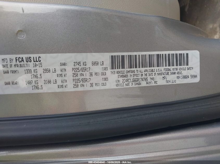 2016 Chrysler Town & Country Limited VIN: 2C4RC1JG6GR174705 Lot: 43404840