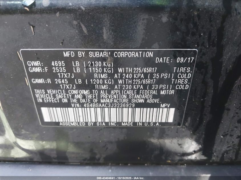 2018 Subaru Outback 2.5I VIN: 4S4BSAAC3J3236929 Lot: 43404841