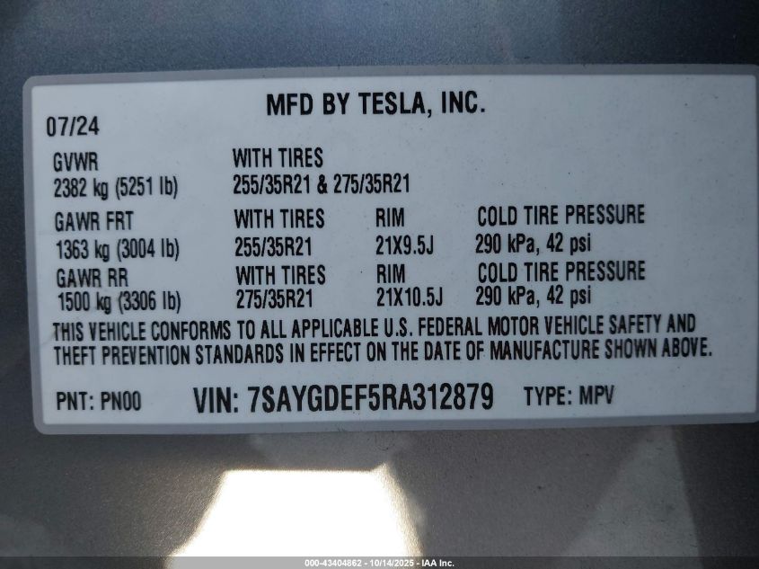 2024 Tesla Model Y Performance Dual Motor All-Wheel Drive VIN: 7SAYGDEF5RA312879 Lot: 43404862