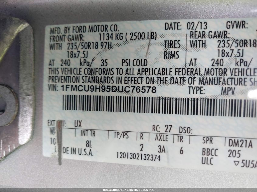 2013 Ford Escape Sel VIN: 1FMCU9H95DUC76578 Lot: 43404876