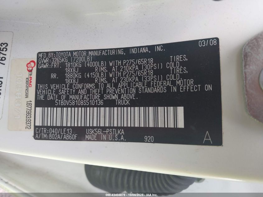 2008 Toyota Tundra Limited 5.7L V8 VIN: 5TBDV58108S510136 Lot: 43404878