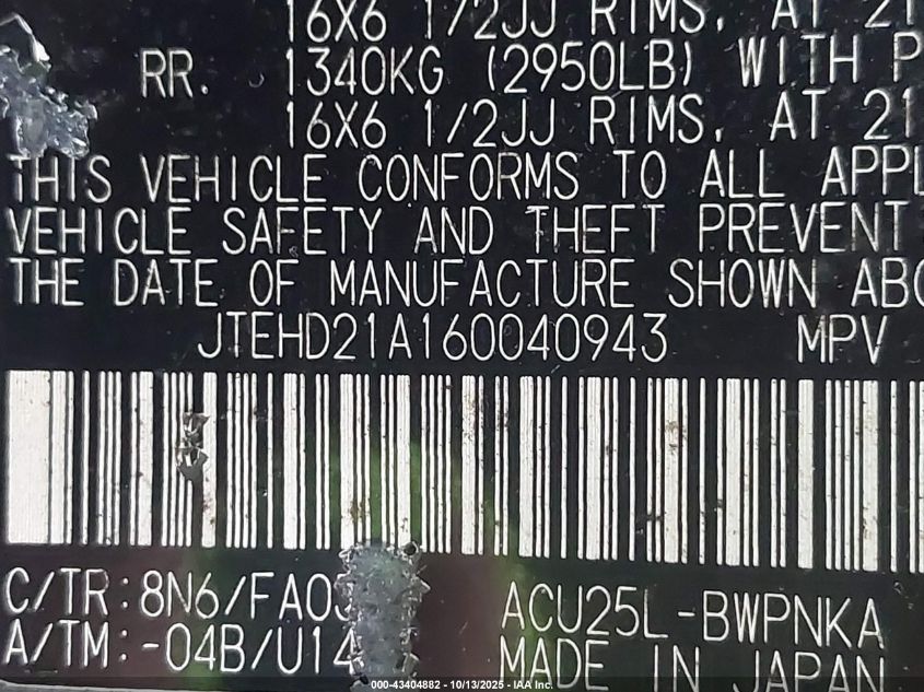 2006 Toyota Highlander VIN: JTEHD21A160040943 Lot: 43404882