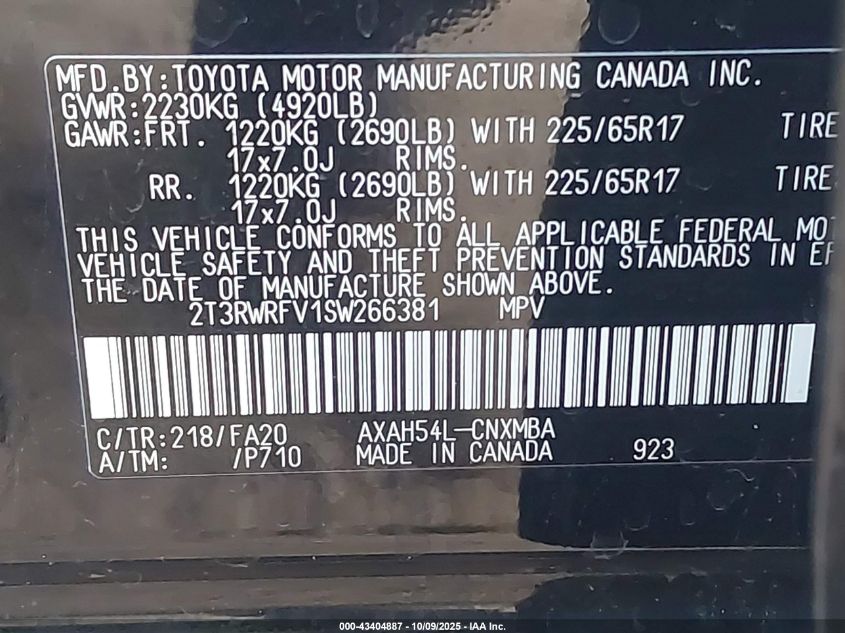 2025 Toyota Rav4 Hybrid Xle VIN: 2T3RWRFV1SW266381 Lot: 43404887