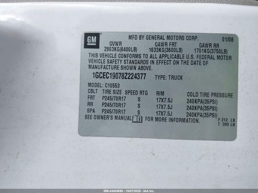 2008 Chevrolet Silverado 1500 Lt2 VIN: 1GCEC19078Z224377 Lot: 43404898