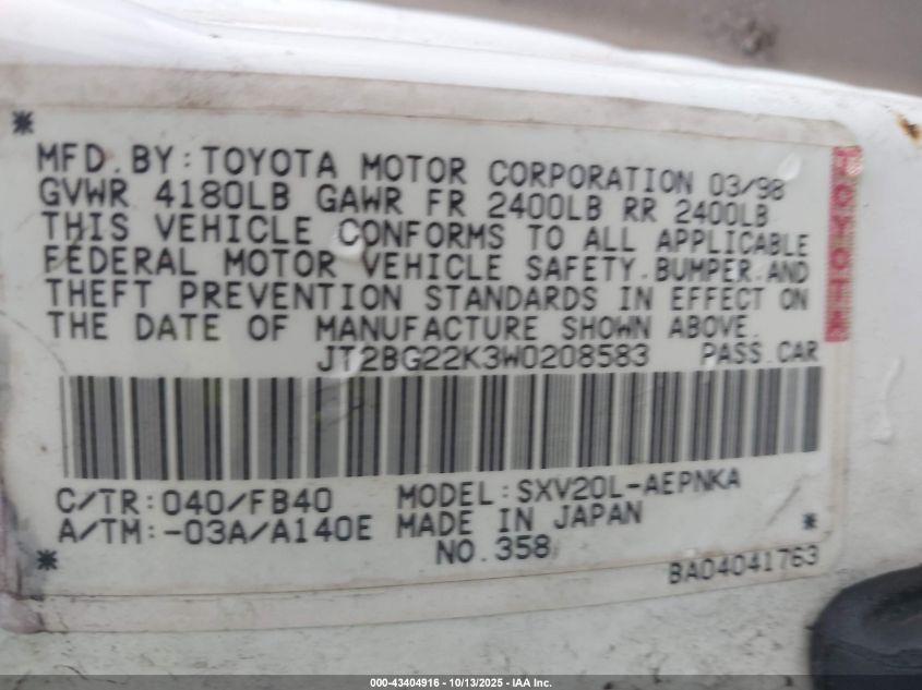 1998 Toyota Camry Le VIN: JT2BG22K3W0208583 Lot: 43404916