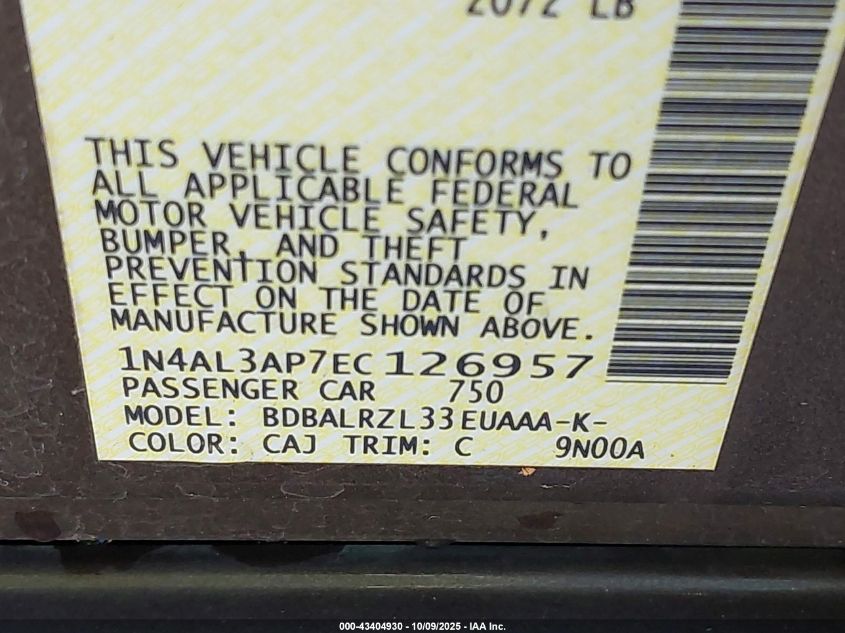 2014 Nissan Altima 2.5 S VIN: 1N4AL3AP7EC126957 Lot: 43404930