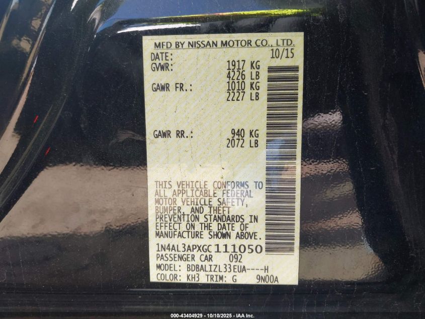2016 Nissan Altima 2.5 Sv VIN: 1N4AL3APXGC111050 Lot: 43404929